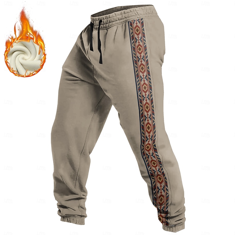 Men's Aztec Ethnic Sweatpants Trousers Fleece Sweatpants Drawstring Elastic Waist Vintage Casual Outdoor Holiday Streetwear Warm Fleece Lined Thermal Winter 3D Print Light Gray Black Wine