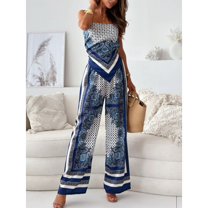Women's Fashion Streetwear Daily Camisole Wide Leg Pants Sleeveless Strap Floral Color Block Print Casual Daily Blue Beige Summer Regular Fit