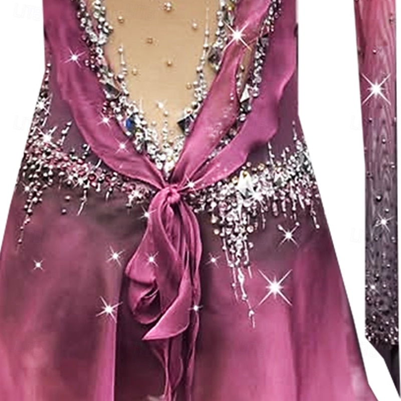 Figure Skating Dress Women's Girls' Ice Skating Dress Rose Red Thumbhole Halo Dyeing High Elasticity Professional Competition Skating Wear Thermal Warm Crystal / Rhinestone Long Sleeve Ice Skating4