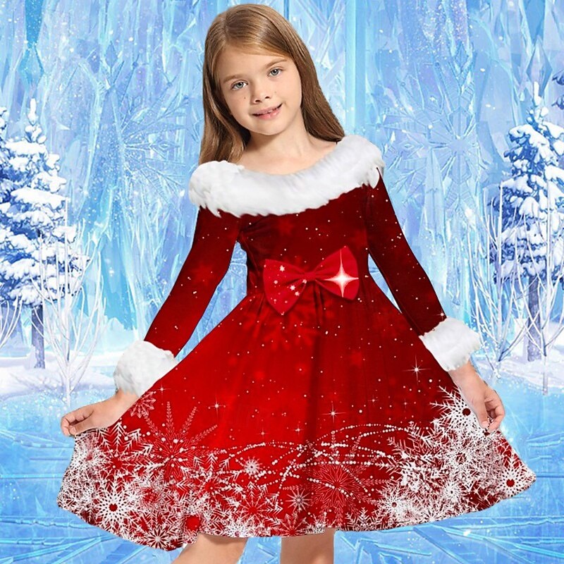 Kids Girls' Dress Snowflake Dress Snowflake Long Sleeve Party Casual Fur Trim Crewneck Adorable Daily Polyester Above Knee Casual Dress Swing Dress A Line Dress Fall Winter 2-13 Years Multicolor2