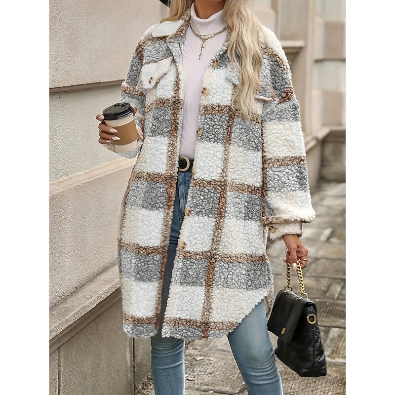 Women's Winter Coat Winter Jacket Fleece Jacket Sherpa Jacket Outdoor Street Daily Fall Winter Regular Coat Regular Fit Warm Breathable Comtemporary Stylish Jacket Long Sleeve Stripes and Plaid with3