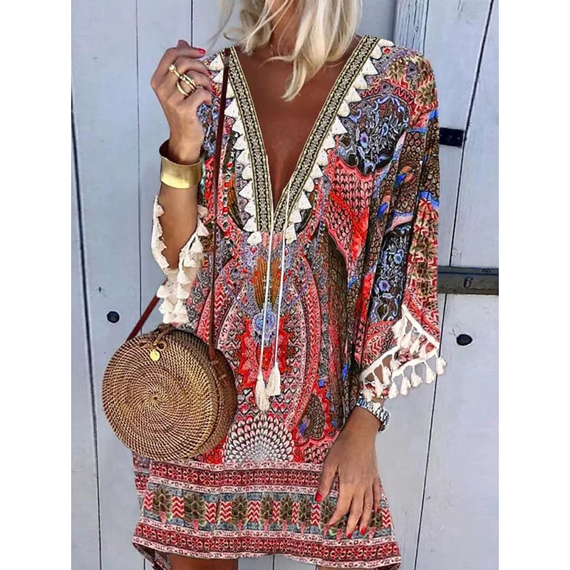 Women's Mini Dress Petite Dress Casual Dress Boho Dress Stylish Casual Vacation Daily Regular Fit Floral 3/4 Length Sleeve V Neck Red Summer Spring