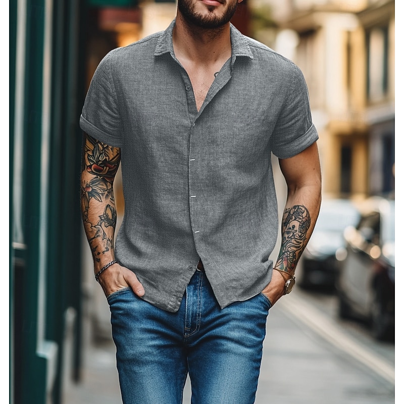 Men's Shirt Linen Shirt Summer Shirt Button Down Shirt Casual Shirt Beach Shirt Plain Vacation Casual Black White Light Green Pink Short Sleeve Collar Summer Clothing Apparel
