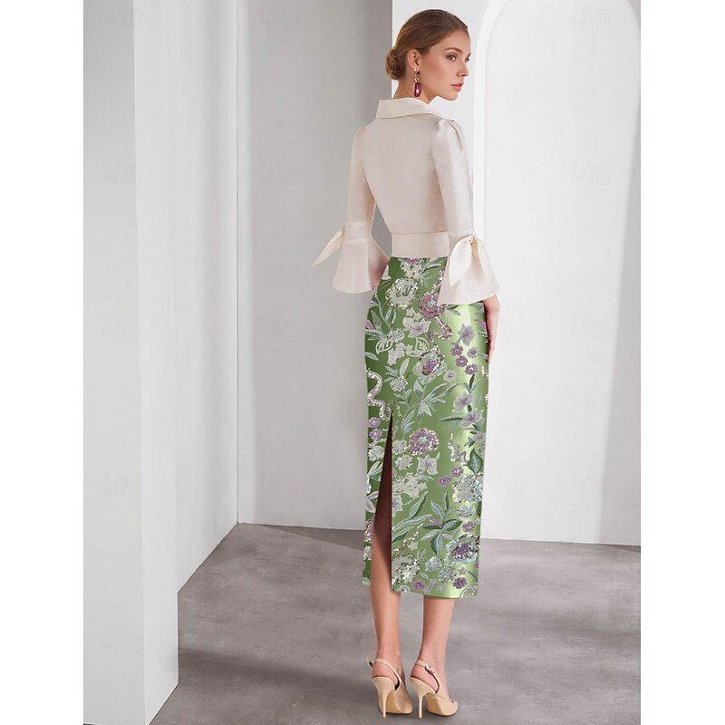 Sheath / Column Cocktail Dresses Beach Wedding Elegant Dress Formal Valentine's Day Ankle Length Long Sleeve Shirt Collar Belt / Sash Satin with Glitter Bow(s) Slit2