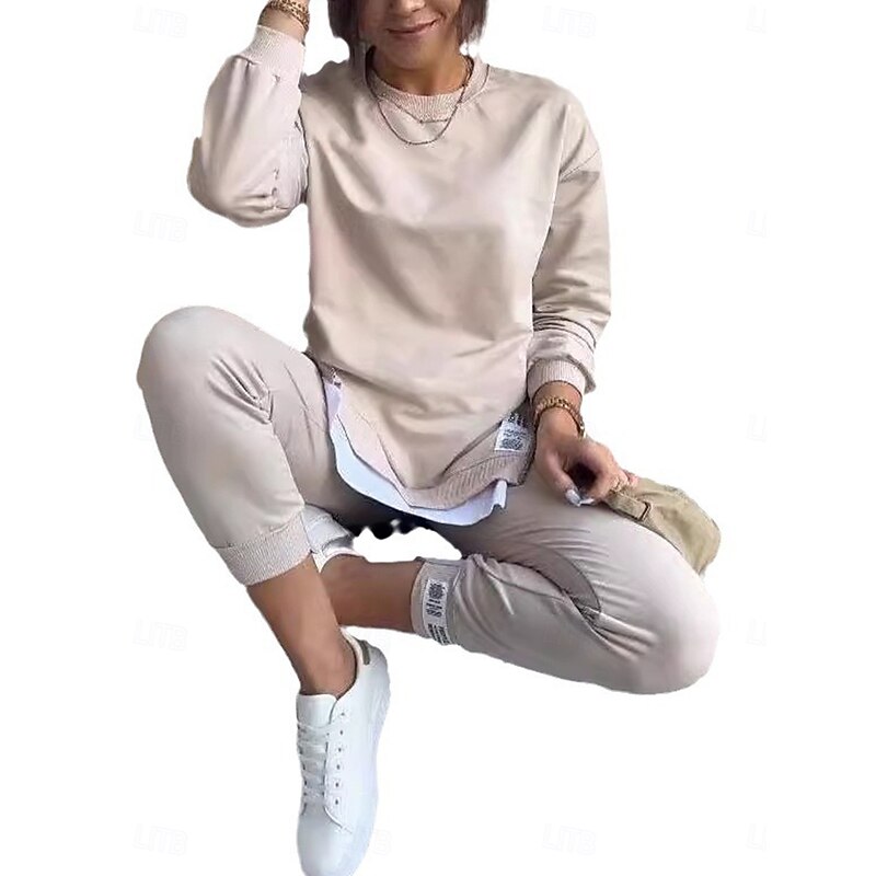 Women's Streetwear Daily T Shirt Chinos Long Sleeve Crew Neck Solid Color Patchwork Outdoor Office Black Beige Gray Spring &  Fall Regular Fit4