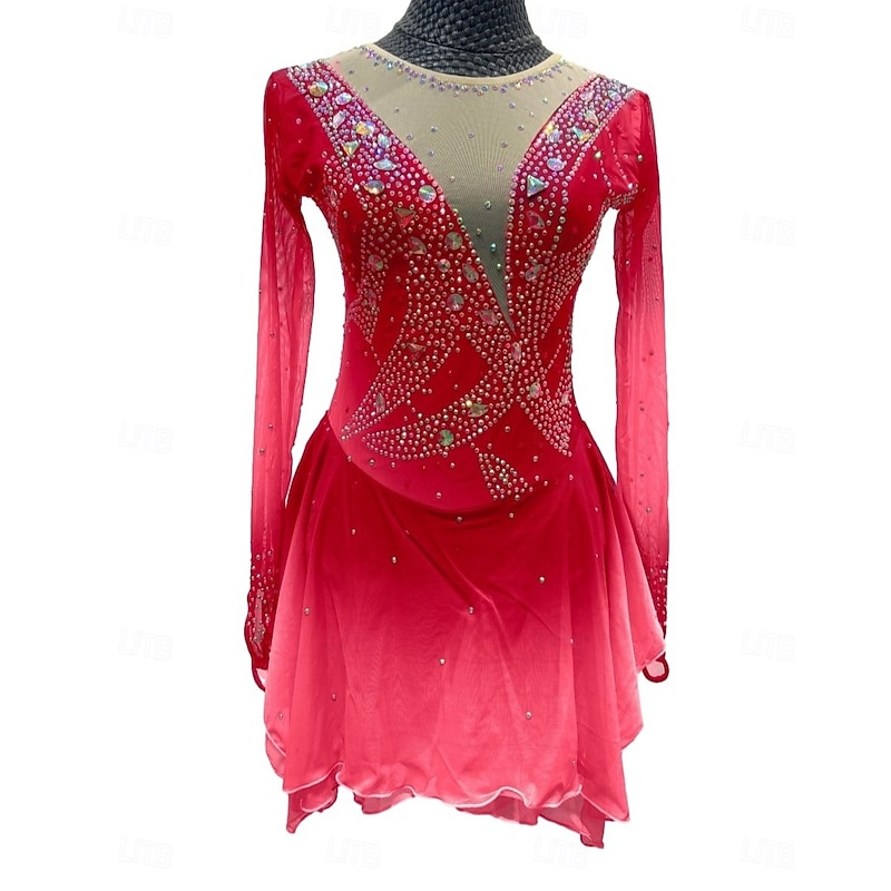 Figure Skating Dress Women's Girls' Ice Skating Dress Outfits Light Yellow Lake Blue Yellow Mesh Spandex High Elasticity Training Competition Skating Wear Patchwork Crystal / Rhinestone Long Sleeve3