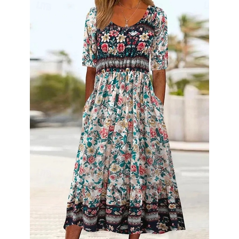 Women's Midi Dress A Line Dress Fit And Flare Dress Vacation Casual Boho Outdoor Going out Regular Fit Floral Graphic Half Sleeve Crewneck Deep Green Navy Blue Fuchsia Green Summer4