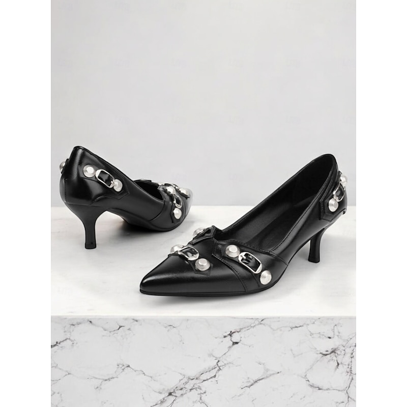 Women's Stylish Black Faux Leather Pumps | Rivet Embellished, Perfect for Work and Parties