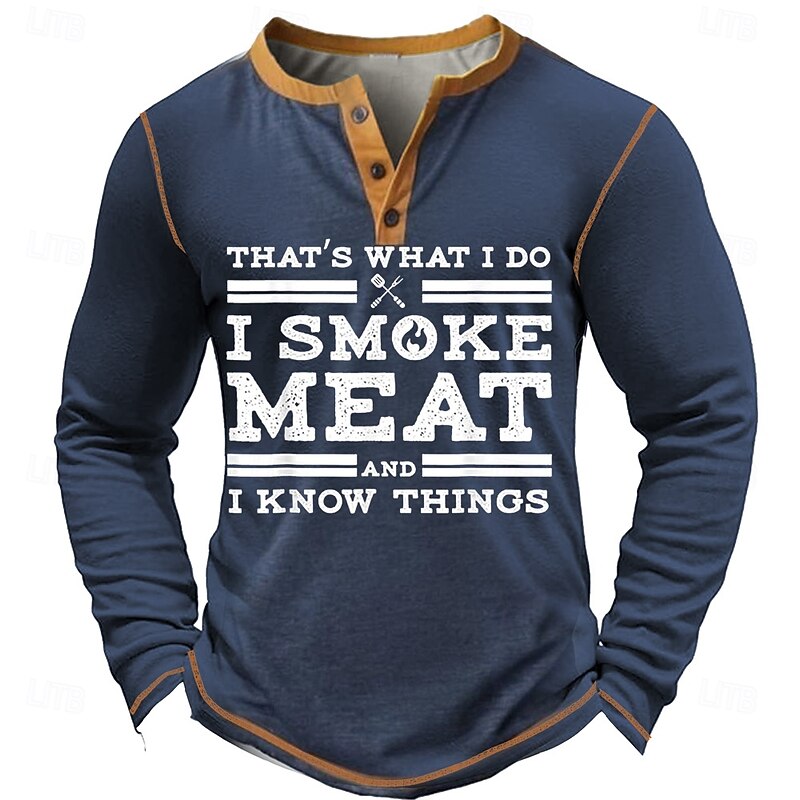 Men's Graphic Letter I SMOKE MEAT Henley Shirt Tee Long Sleeve Vintage Fashion Designer Outdoor Casual Daily Spring &  Fall Army Green Dark Gray Navy Blue Dark Blue Henley Henley T-Shirt4