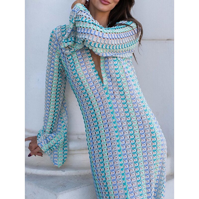 Women's Color Block V Neck Maxi Dress Short Sleeve Spring Fall