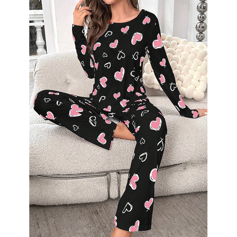 Women's Pajama Set Casual Comfort Comfrt Heart T Shirt Pant Home Long Sleeve Crew Neck Pink Spring Fall Winter