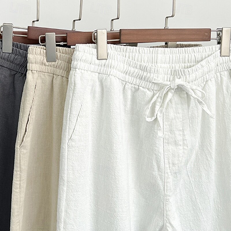 Men's Linen Pants Trousers Summer Pants Casual Pants Drawstring Elastic Waist Straight Leg Plain Comfort Breathable Ankle-Length Casual Daily Holiday Fashion Classic Style Black White3