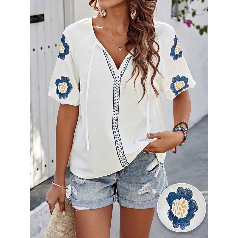 Women's Shirt Blouse Floral Stylish Casual Short Sleeve V Neck Regular Tops Daily Lace up Embroidered White Navy Blue Summer Spring