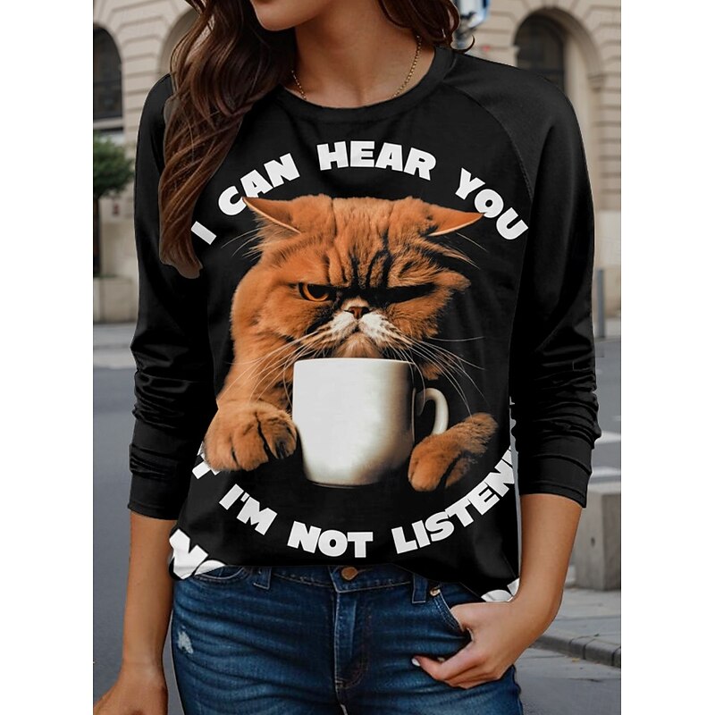 Women's T shirt Long Sleeve Cat Letter Casual Long Sleeve Crew Neck Long Tops Daily Print Black Fall Winter Prefall