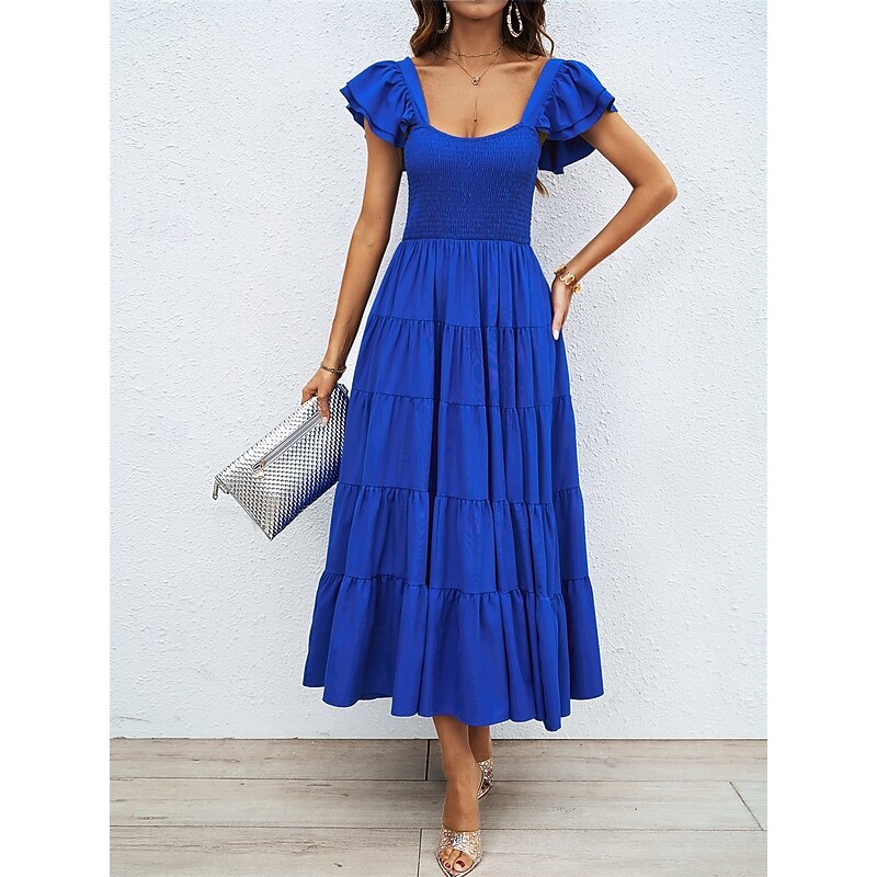 Women's Floral Square Neck Midi Dress Short Sleeve Summer Spring