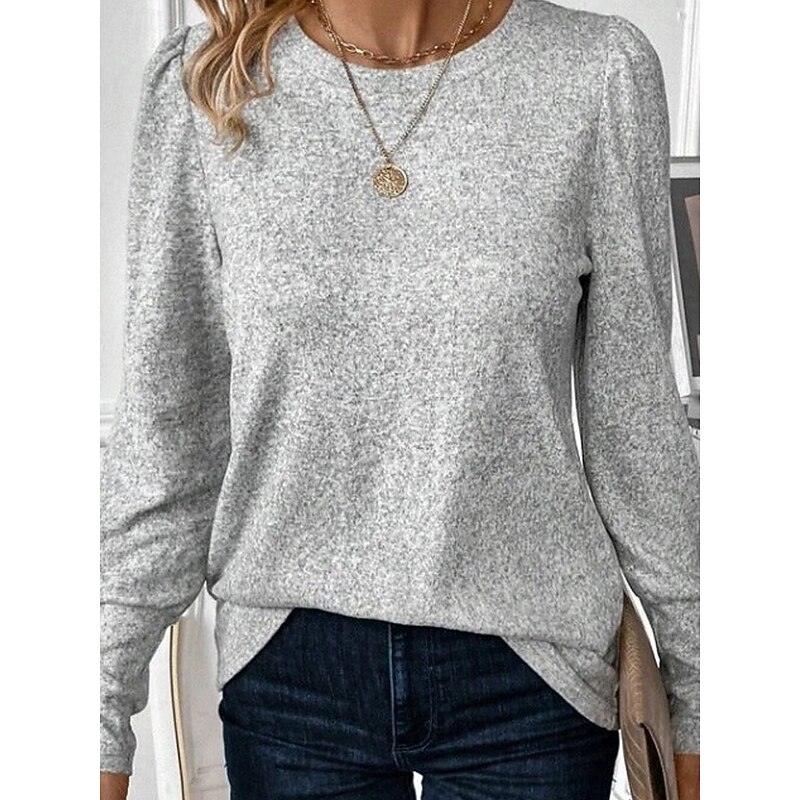 Women's Pullover Casual Plain Street Dailywear Crew Neck Buttons Long Sleeve Silver Fall Winter3