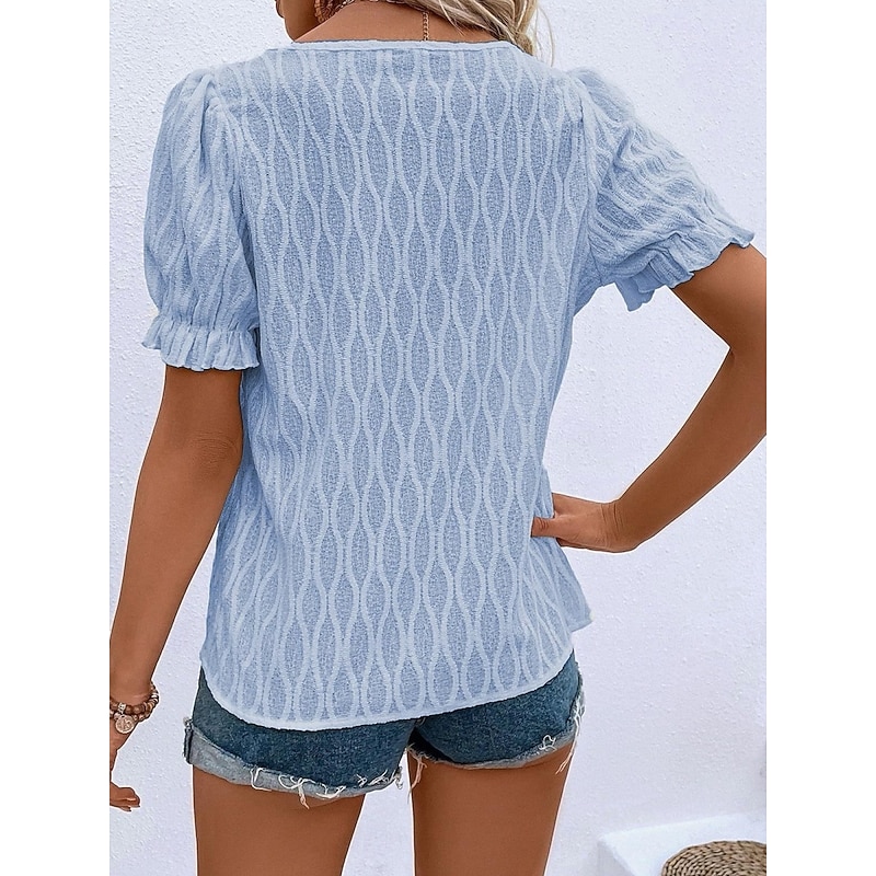 Women's White Elegant Lace Tops Eyelet Blouse Fashion Modern Casual Plain Regular Tops Short Sleeve V Neck Regular Fit Daily Weekend Romantic Petite Tops Summer Holiday Wear White Pink Blue Summer2