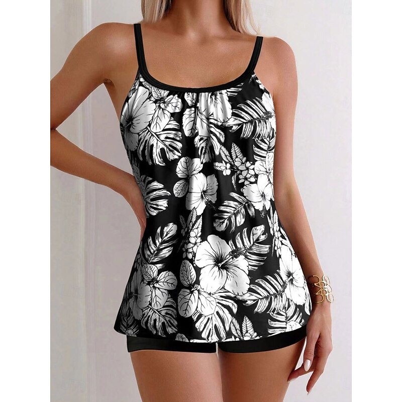 Women's Swimwear Tankini 2 Piece Boy Leg Swimsuit Backless High Waist Vacation Beach Wear Floral Leaves Round Neck Sleeveless Bathing Suits