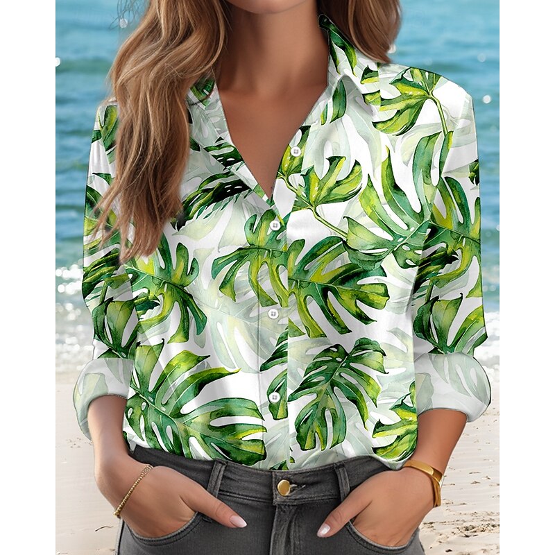 Women's Shirt Button Down Tunic Shirt Collar Long Sleeve Hawaiian Casual Leaf Regular Tops s Print Regular Fit Work Daily Green Holiday Clothes Beach Wear