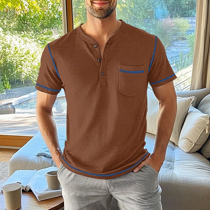 Men's Waffle Henley Shirt Tee Short Sleeve Buttons Pocket Color Block Henley Outdoor Casual Daily Summer Blue Brown Gray Henley T-Shirt