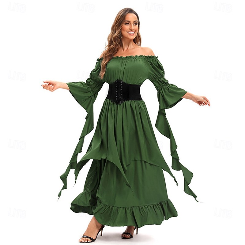 Retro Vintage Medieval Dress Bell Sleeve Puff Sleeve Viking Elven Fancy Dress Women's Celtic Pirate Fantasy Halloween Carnival Masquerade Casual Daily LARP Adults' Dress Belt All Seasons