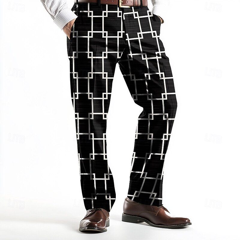 Men's Plaid Geometric Pattern Trousers Dress Pants Mid Waist Business Casual Wedding Holiday Dads Day Gifts Flat-Front Straight Leg Trousers Summer Spring Fall 3D Print Black
