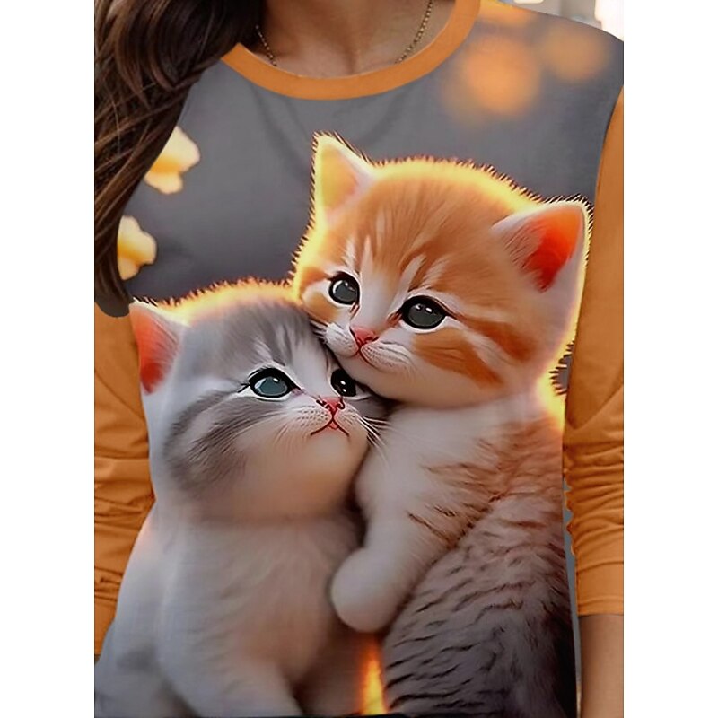 Women's T shirt Crew Neck Long Sleeve Tunic Cat Casual  Regular Tops Valentine's Day Daily Print Orange Spring Fall3