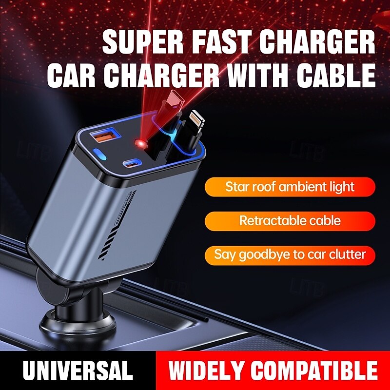 Starlight Retractable Car Charger Super Speed USB Car Phone Charger with Dynamic Lights Dual Retractable Cable