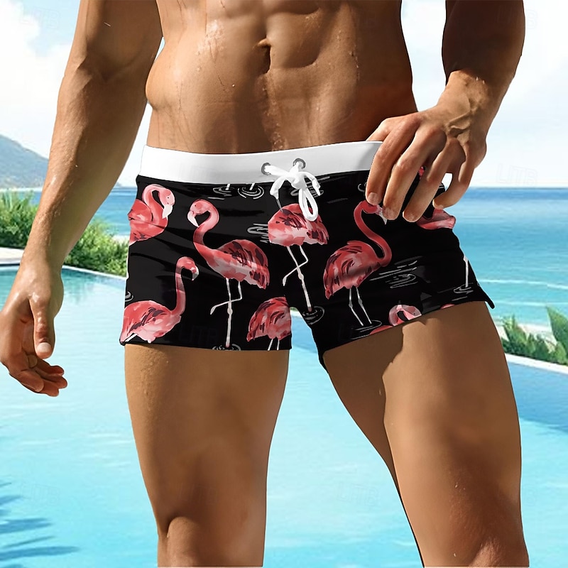 Men's Animal Flamingo Swim Trunks Swim Shorts Board Shorts Mid Waist 3D Print Hawaiian Surfing Holiday Beach Drawstring with Mesh lining Elastic Waist Designer Clothing Apparel