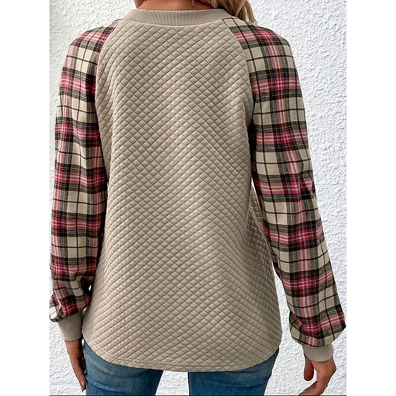 Women's Waffle Sweatshirt Texture Sweatshirt Casual Plaid Street Dailywear Crew Neck Print Long Sleeve Pink Brown Beige Fall Winter2