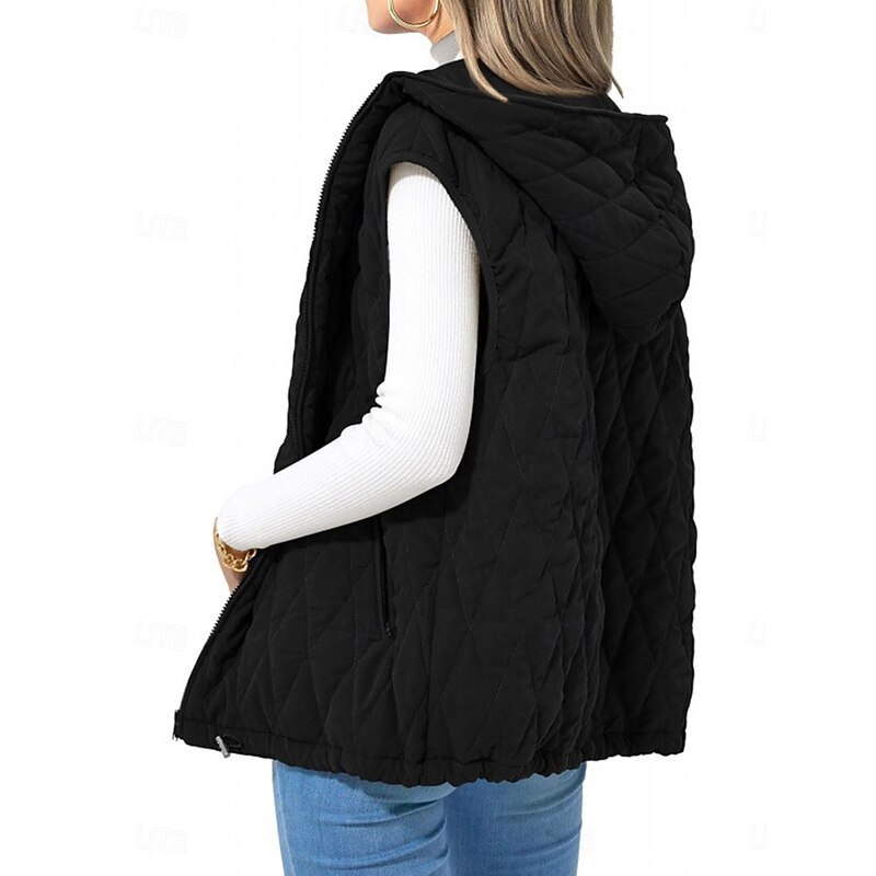 Women's Puffer Vest Quilted Vest Windproof Warm Patchwork Simple Solid Color Daily Regular Hooded Regular Fit Sleeveless Outerwear Black White Camel Fall Winter3