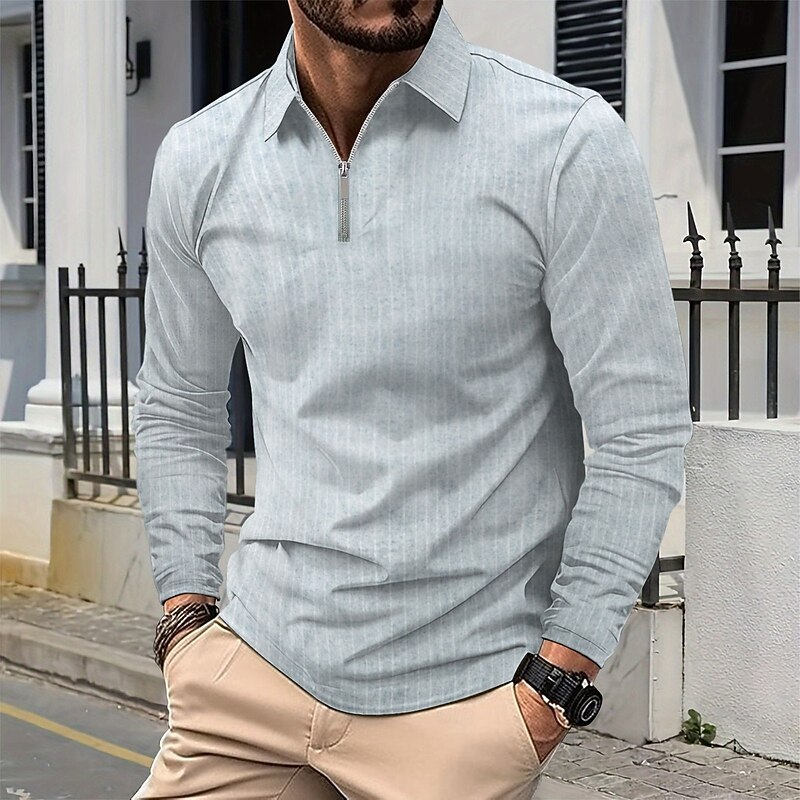 Men's Polo Shirts Quarter Zip Polo Vacation Street Quarter Zip Long Sleeve Fashion Basic Stripes Pocket Spring &  Fall Regular Fit Light Blue Black Navy Blue Dark Green Khaki Gray Polo Shirts3