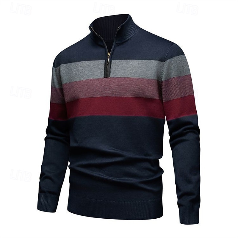 Men's Pullover Sweater Jumper Quarter Zip Sweaters Knit Sweater Ribbed Knit Regular Tops Knitted Color Block Half Zip Fashion Casual Vacation Daily Wear Clothing Apparel Fall & Winter Black Navy Blue3