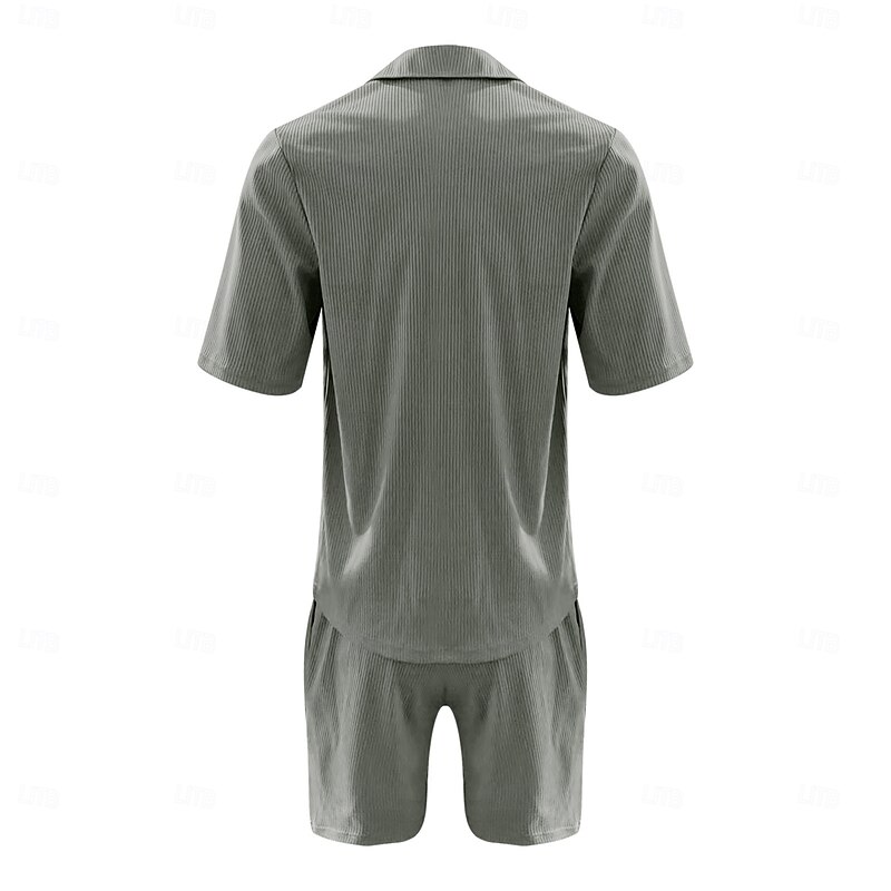 Men's 2 Piece Shirt Set Summer Set Matching Sets Casual Shirt Corduroy Shirt khaki Gray Short Sleeve Plain Collar Vacation Daily Clothing Apparel Fashion Casual Comfortable3