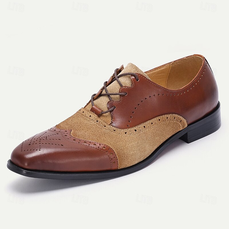 Men's Premium Cowhide Leather and Suede Wingtip Oxford Shoes, Lace-Up Brogue Design, Stylish Formal Shoes for Business, Weddings, and Special Occasions2