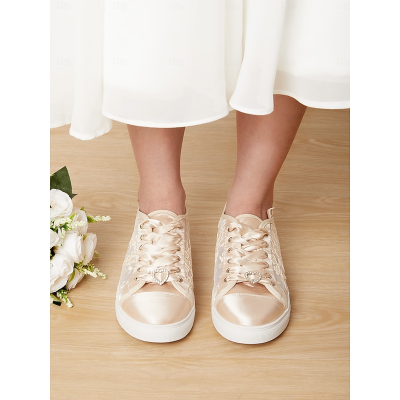 Champagne Satin Bridal Sneakers with Lace Details and Rhinestone Heart Charm - Comfortable Wedding Shoes for Women3