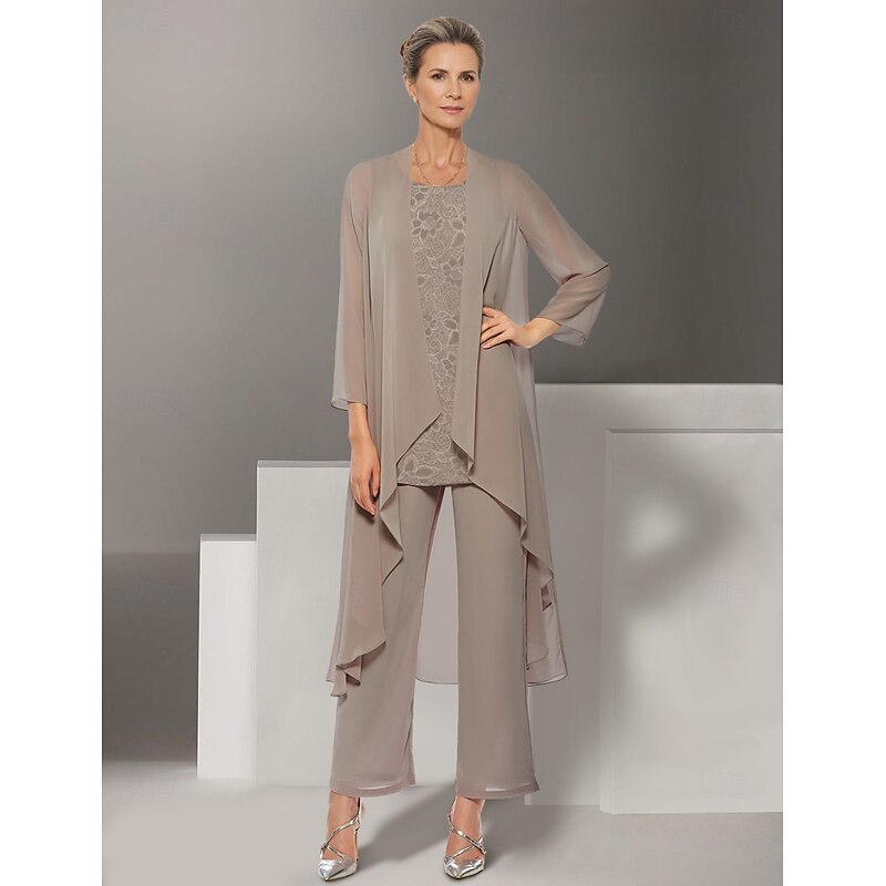 Pantsuit 3 Piece Mother of the Bride Dress Beach Wedding Elegant Jewel Neck Floor Length Chiffon Long Sleeve Wrap Included with Lace Solid Color