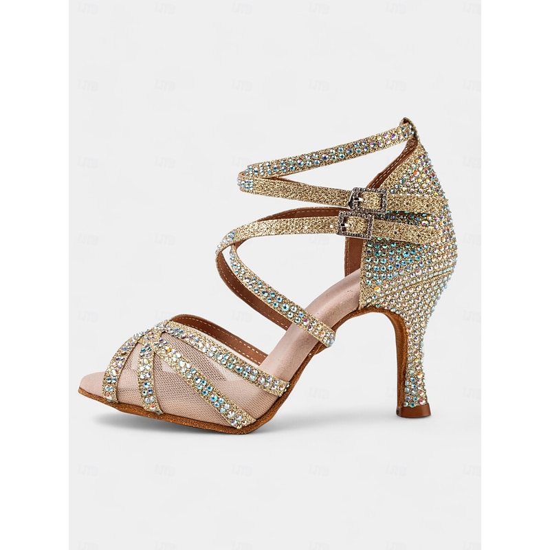 Gold Rhinestone Strappy Ballroom Dance Heels with Double Buckle Straps - Performance Shoes for Women2