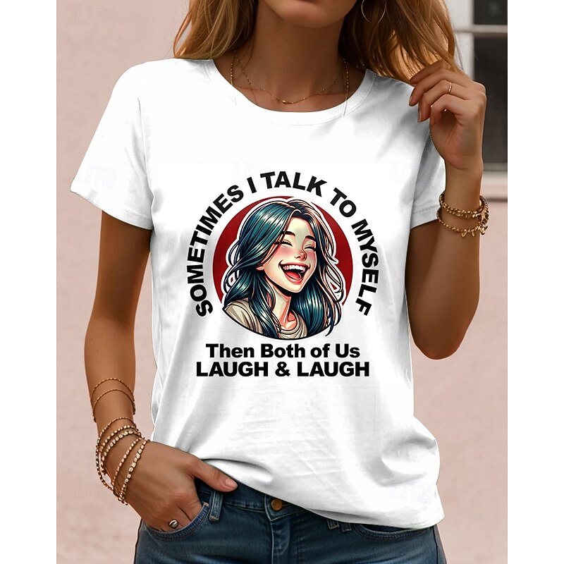 Women's T Shirt Cartoon Casual Short Sleeve Round Neck Regular Tops Daily Print White Summer - Main Image