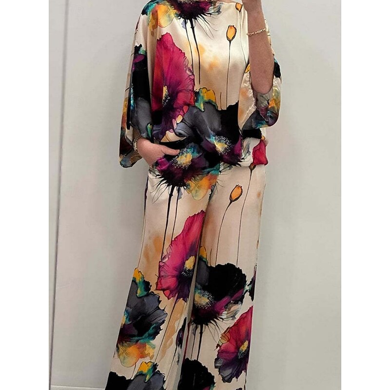 Women's Fashion Streetwear Daily Shirt Blouse Wide Leg Pants Long Sleeve Crew Neck Floral Print Casual Daily Black Orange Green Spring &  Fall Regular Fit3