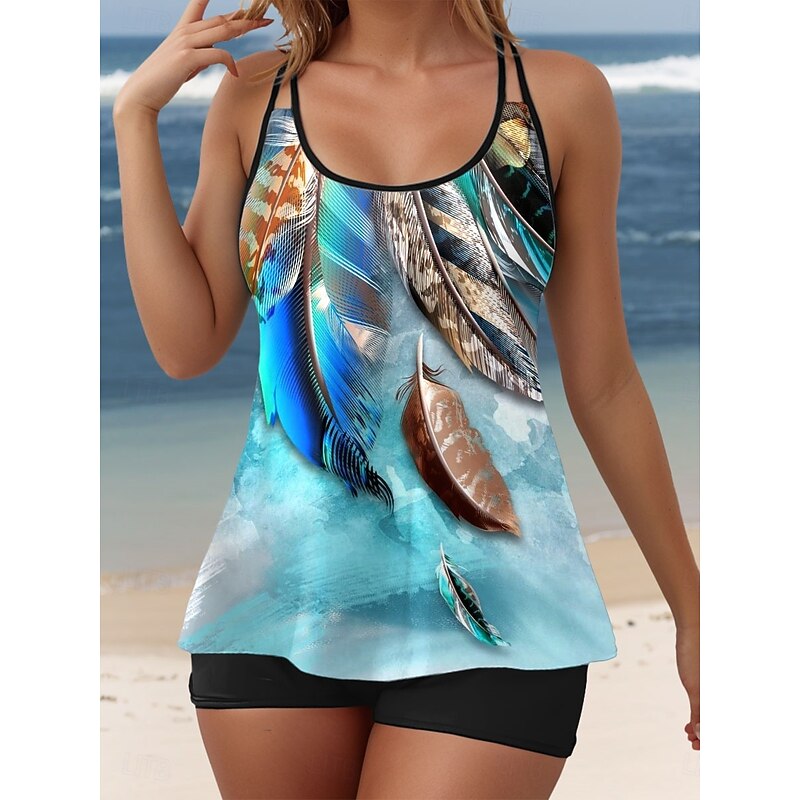 Women's Swimsuits Tankini 2 Piece Boy Leg Swimsuit Backless Vacation Beach Wear Graphic U Neck Sleeveless Bathing Suits