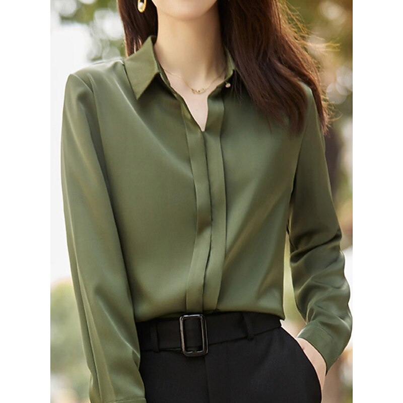 Women's Shirt Elegant Dressy Satin Solid Color Basic Casual Long Sleeve Shirt Collar Regular Tops Daily Buttons White Green Gray Fall Winter
