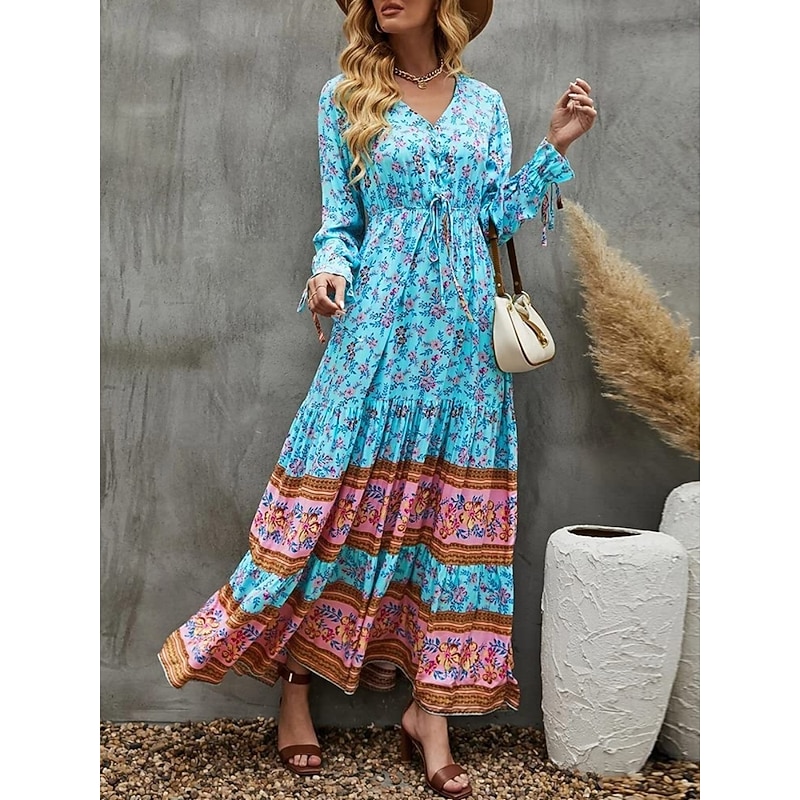 Women's Maxi Dress Casual Dress Swing Dress Long Sleeve Boho Dress A Line Dress Bohemia Casual Vacation Daily Regular Fit Floral Long Sleeve V Neck Yellow Pink Blue Spring Fall