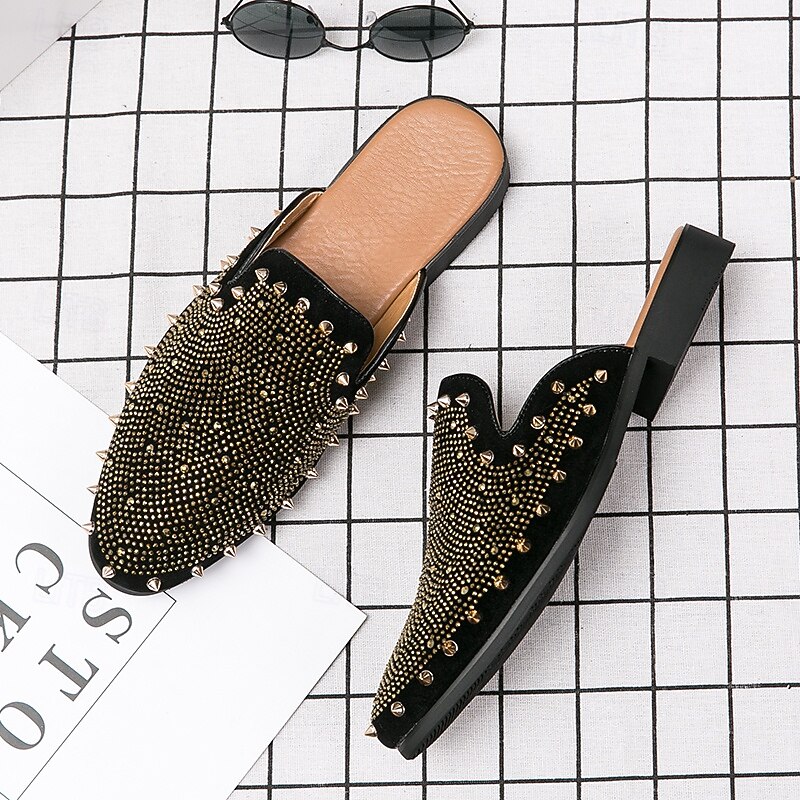 Men's Black Studded Slip-On Loafers – Rhinestone Embellished Mules with Bold Design for Party and Evening Wear4