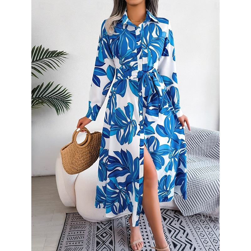 Women's Maxi Dress Shirt Dress Casual Dress A Line Dress Stylish Casual Vacation Daily Regular Fit Floral Long Sleeve Shirt Collar Blue Orange Spring Fall4