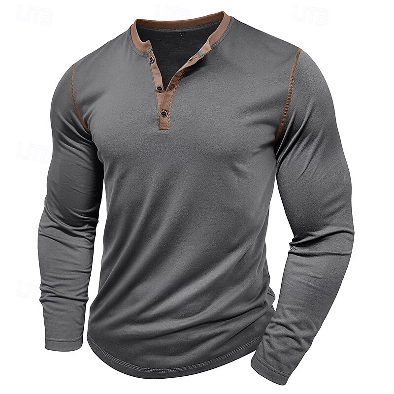 Men's Button T Shirt T Shirt Henley Shirt Tee Long Sleeve Henley Spring &  Fall Patchwork Fashion Designer Basic Patchwork Vacation Street Going out Wine Black White Top Tee for Men2