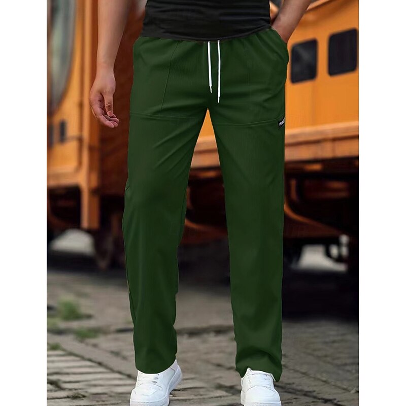 Men's Trousers Casual Pants Pocket Drawstring Elastic Waist Plain Comfort Soft Full Length Outdoor Casual Daily Fashion Streetwear Black Green4