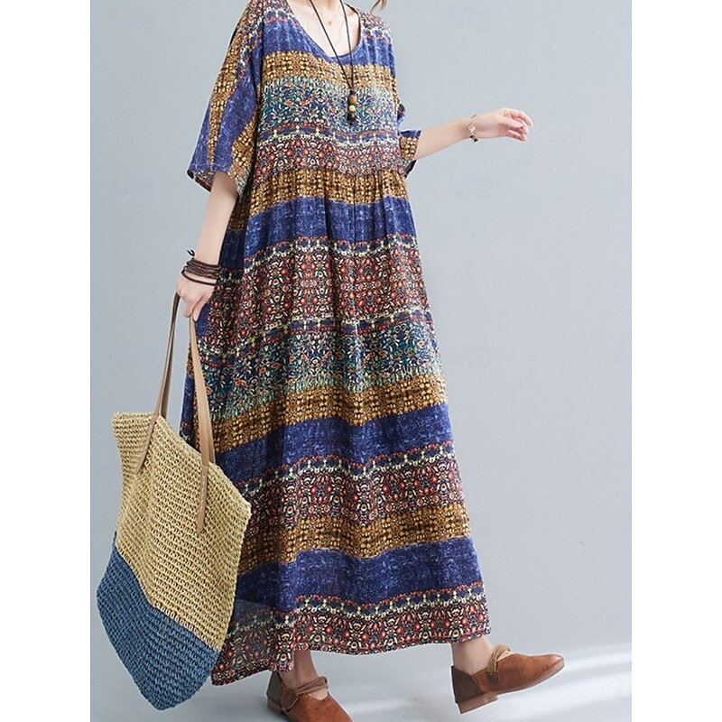 Women's Maxi Dress Casual Dress Boho Dress Bohemia Vintage Casual Vacation Daily Loose Fit Graphic 3/4 Length Sleeve Crew Neck Yellow Blue Spring Fall