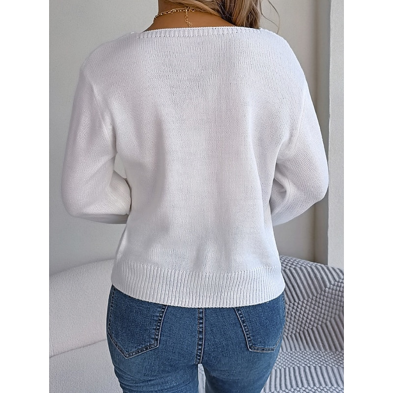 Women's Sweater Casual Soft Pure Color Cable Square Neck Knitted Long Sleeve Regular Tops Knit Outdoor Daily Weekend White Wine Fall Winter2
