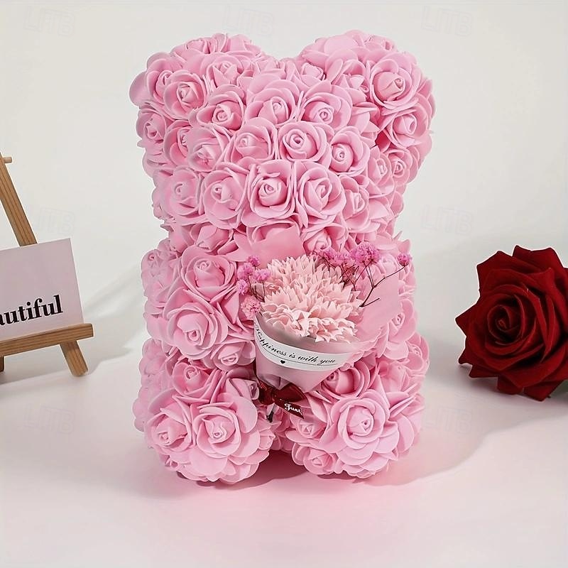 Artificial Rose Bear Flower Arrangement Mother's Day Gift- Foam Roses with Container for Mother's Day, Anniversary, Wedding, Birthday4